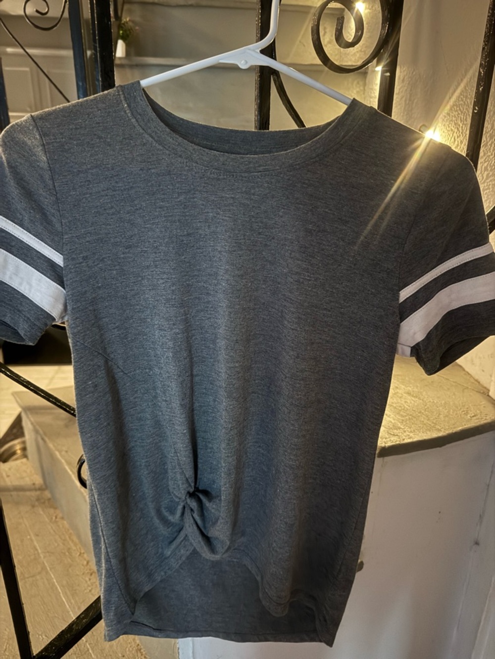 Casual Gray Tee with White Sleeve Stripes